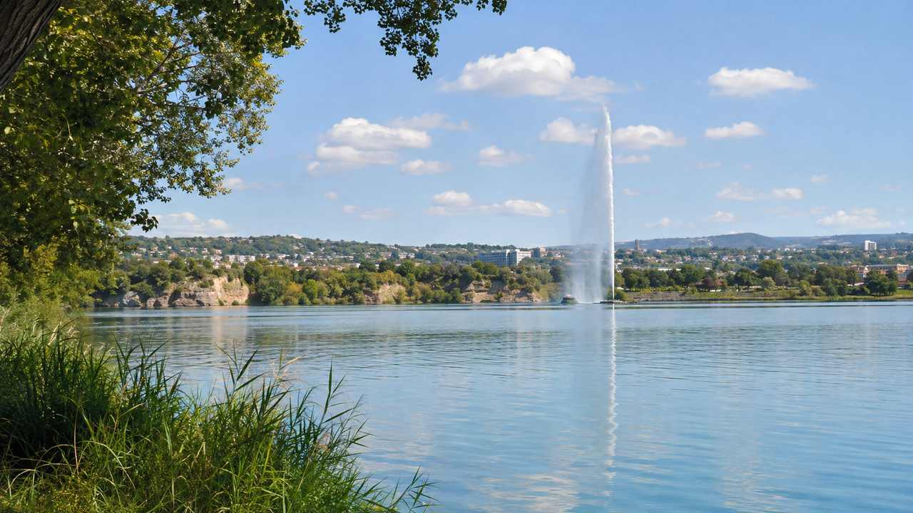 Jet d'eau de l'étang de l'Olivier à Istres vu depuis la rive